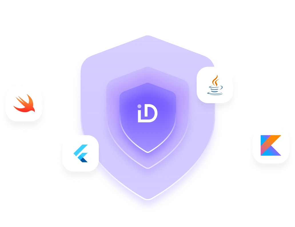 3D security shield surrounded by Swift, Flutter, Java, and Kotlin logos